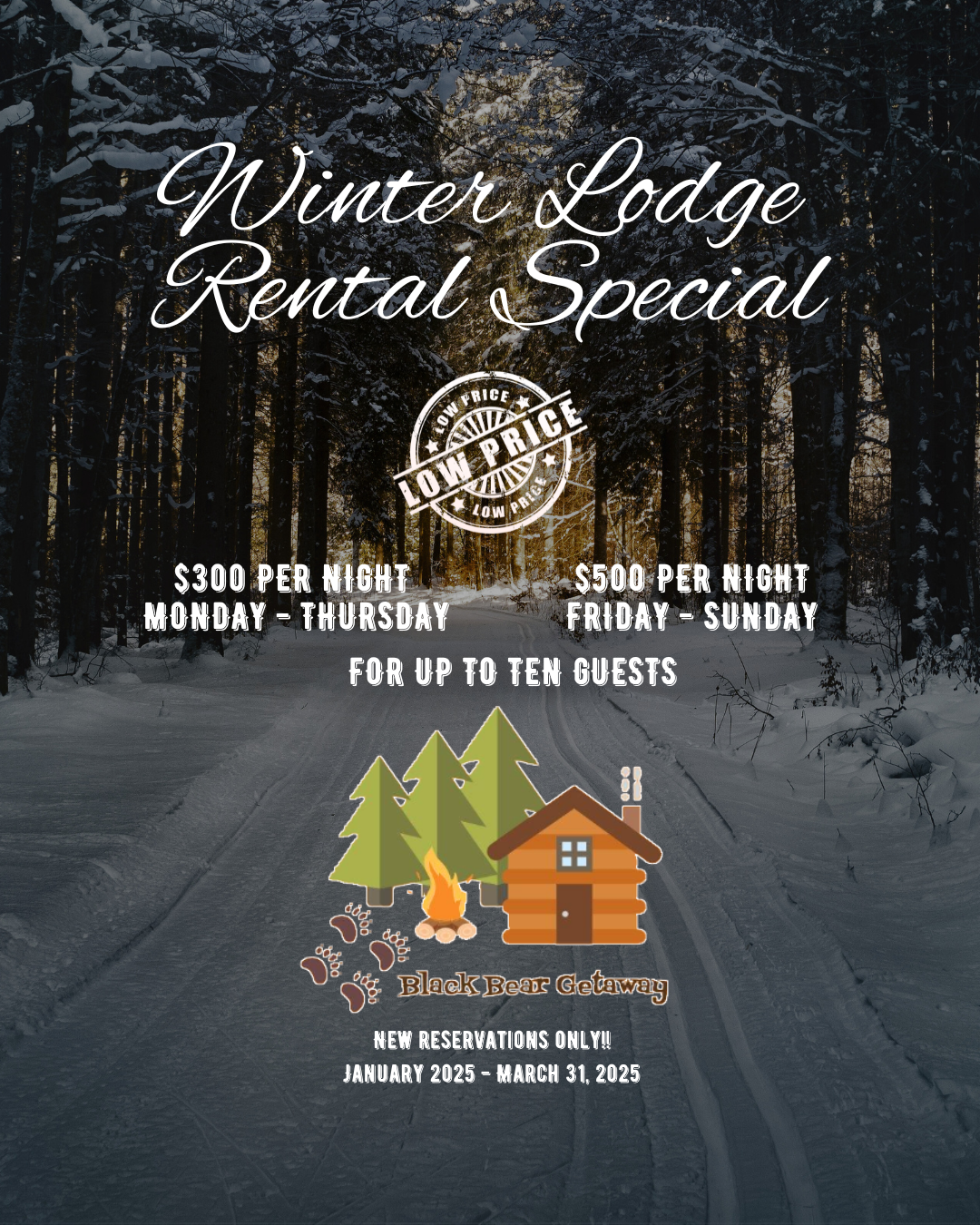  $300 per night Monday - Thursday and $500 per night Friday - Sunday, for up to ten guests